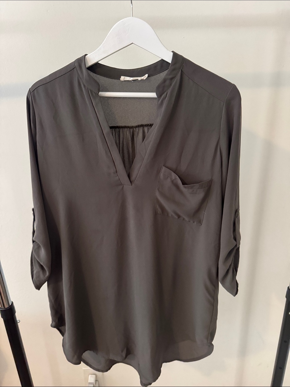 Lush Olive Split-Neck Pocket Roll-Sleeve Tunic